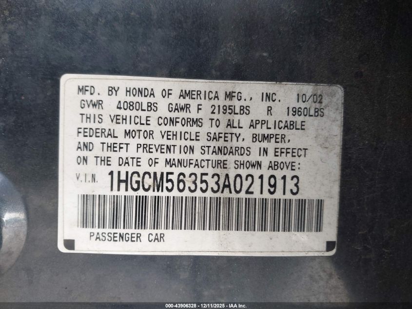 2003 Honda Accord 2.4 Lx VIN: 1HGCM56353A021913 Lot: 43906328