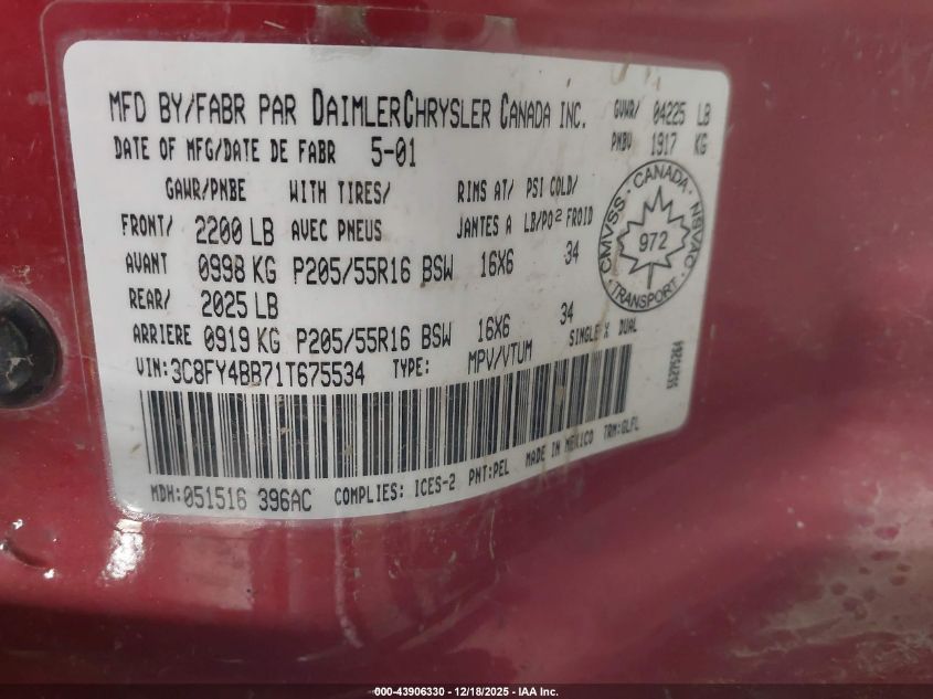 2001 Chrysler Pt Cruiser VIN: 3C8FY4BB71T675534 Lot: 43906330