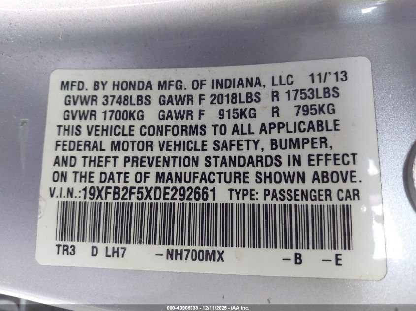 2013 Honda Civic Lx VIN: 19XFB2F5XDE292661 Lot: 43906338
