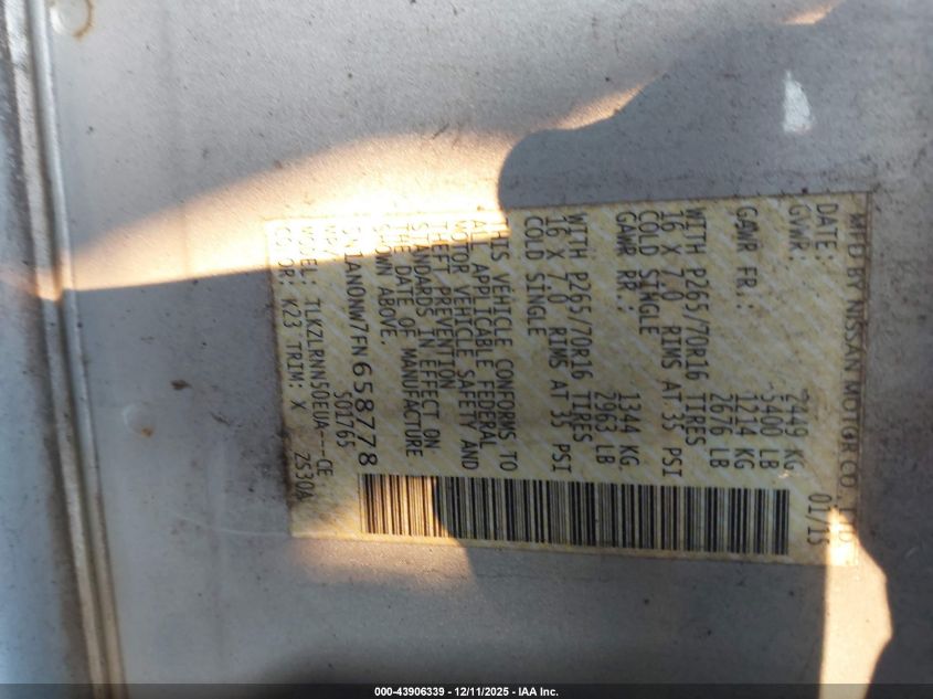 2015 Nissan Xterra S VIN: 5N1AN0NW7FN658778 Lot: 43906339