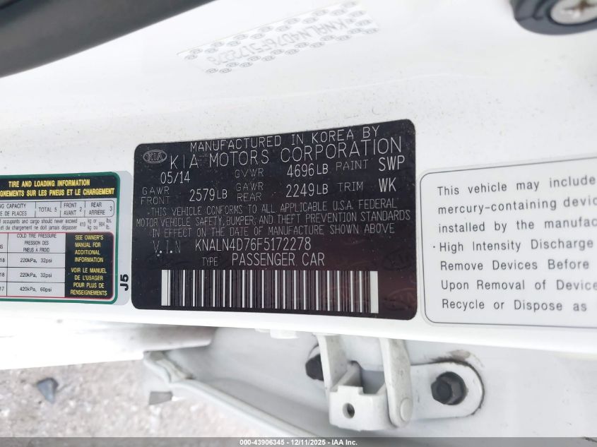 2015 Kia Cadenza Premium VIN: KNALN4D76F5172278 Lot: 43906345