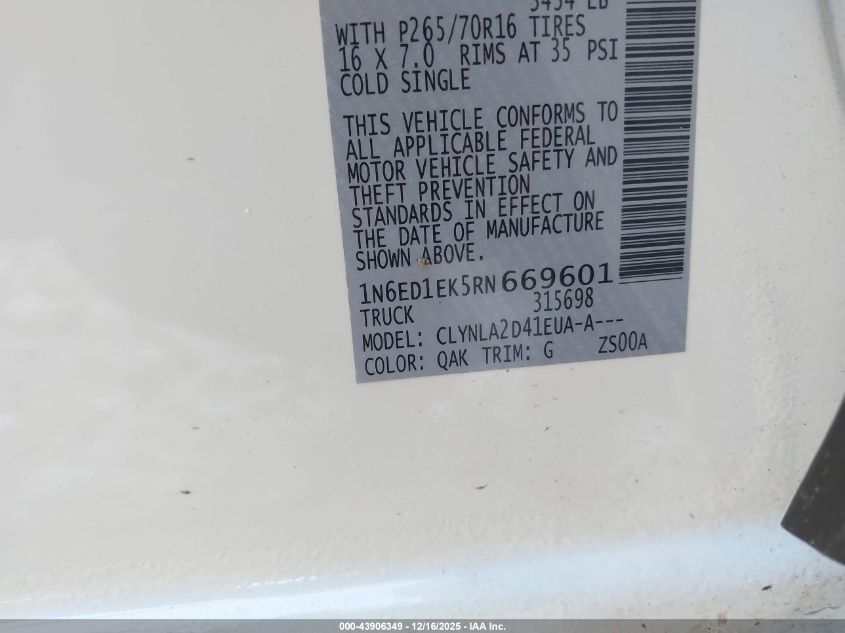 2024 Nissan Frontier S 4X4 VIN: 1N6ED1EK5RN669601 Lot: 43906349