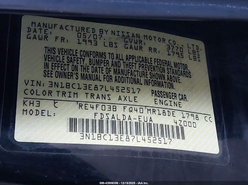 2007 Nissan Versa 1.8S VIN: 3N1BC13E87L452517 Lot: 43906356