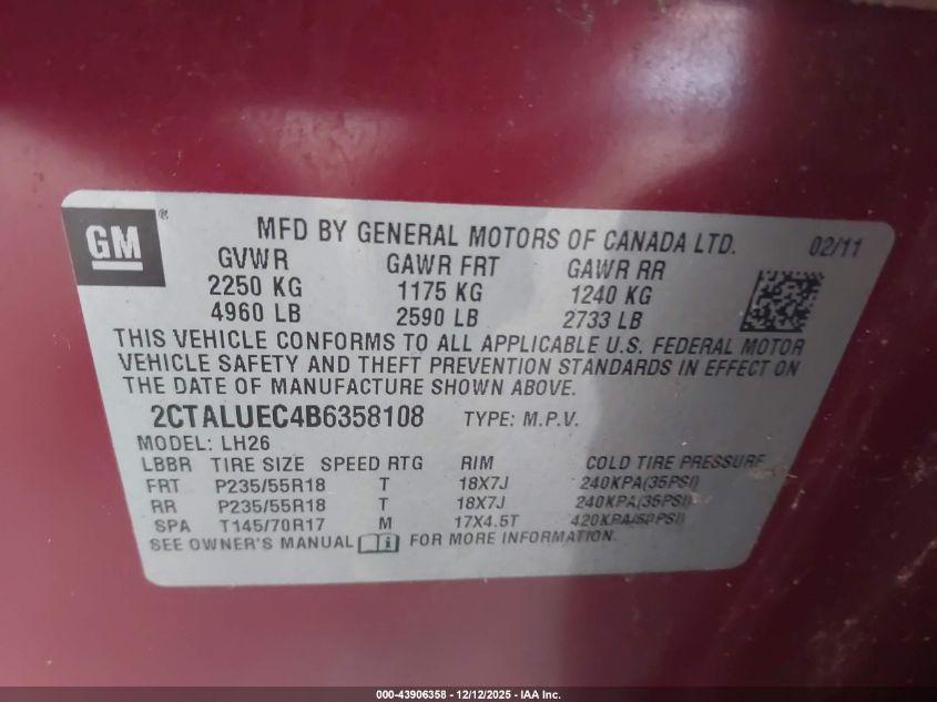 2011 GMC Terrain Slt-1 VIN: 2CTALUEC4B6358108 Lot: 43906358