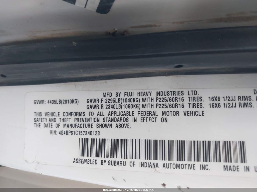 2005 Subaru Outback 2.5I VIN: 4S4BP61C157340123 Lot: 43906359