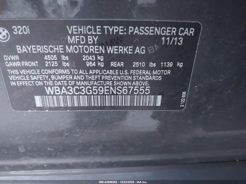 2014 BMW 320I xDrive VIN: WBA3C3G59ENS67555 Lot: 43906362