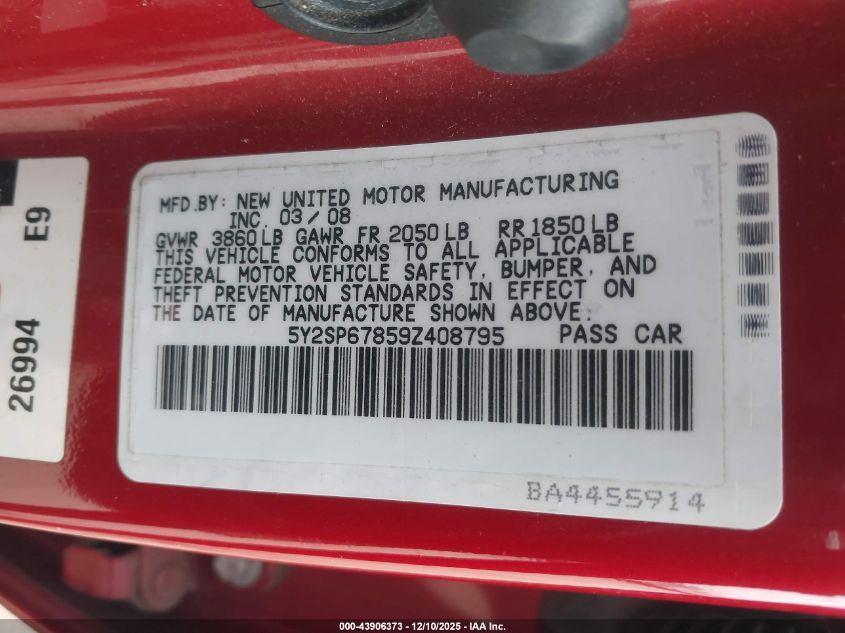 2009 Pontiac Vibe VIN: 5Y2SP67859Z408795 Lot: 43906373