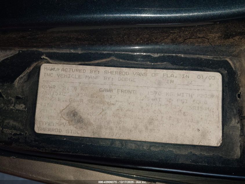 2002 Dodge Ram Van 1500 Conversion VIN: 2B6HB11Y62K142317 Lot: 43906375