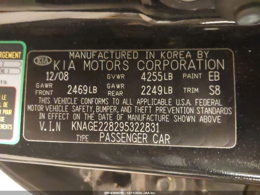 2009 Kia Optima Lx VIN: KNAGE228295322831 Lot: 43906390