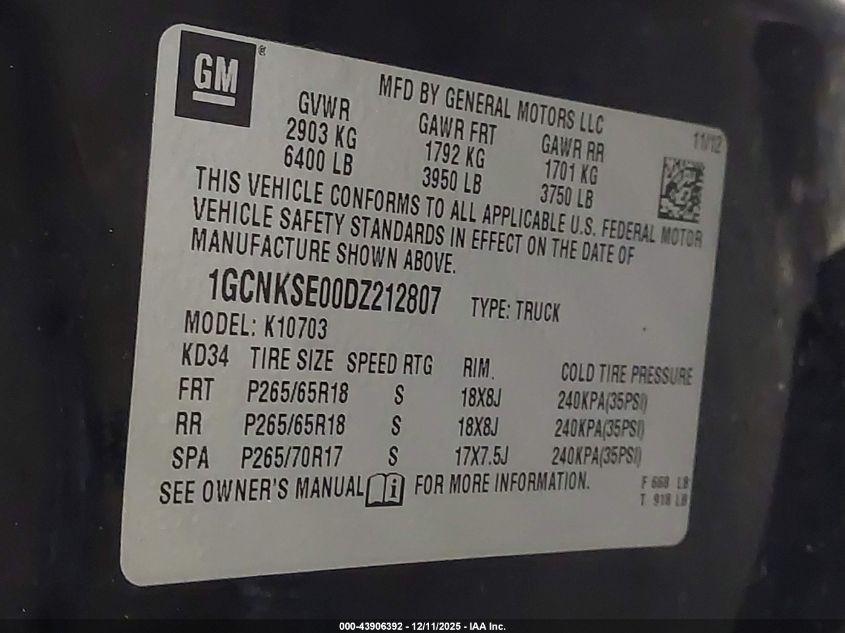 2013 Chevrolet Silverado 1500 Lt VIN: 1GCNKSE00DZ212807 Lot: 43906392