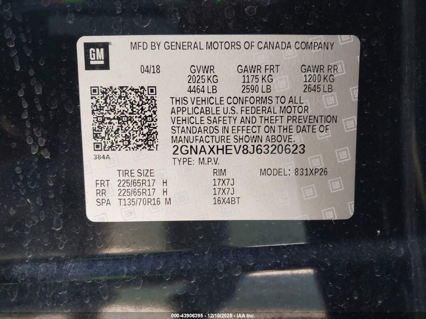 2018 Chevrolet Equinox Ls VIN: 2GNAXHEV8J6320623 Lot: 43906395