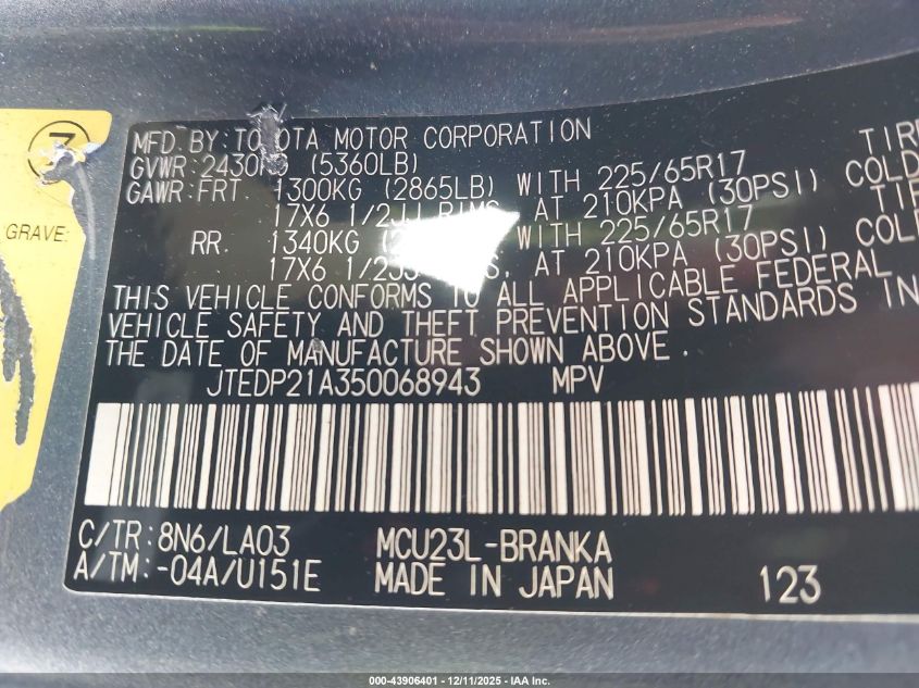 2005 Toyota Highlander Limited V6 VIN: JTEDP21A350068943 Lot: 43906401