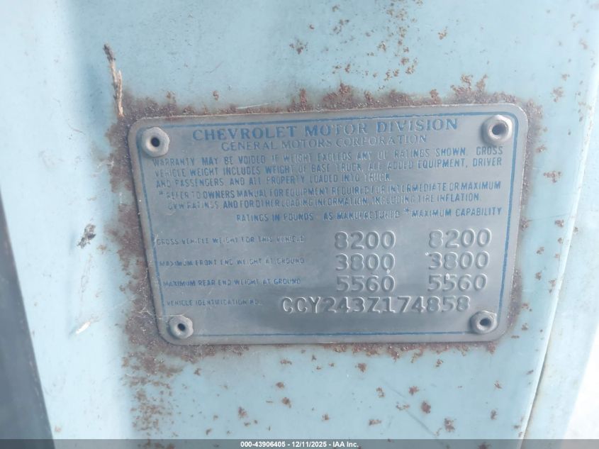 1973 Chevrolet C20 VIN: CCY243Z174858 Lot: 43906405