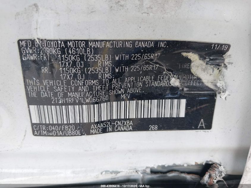 2020 Toyota Rav4 Le VIN: 2T3H1RFV1LW066760 Lot: 43906416