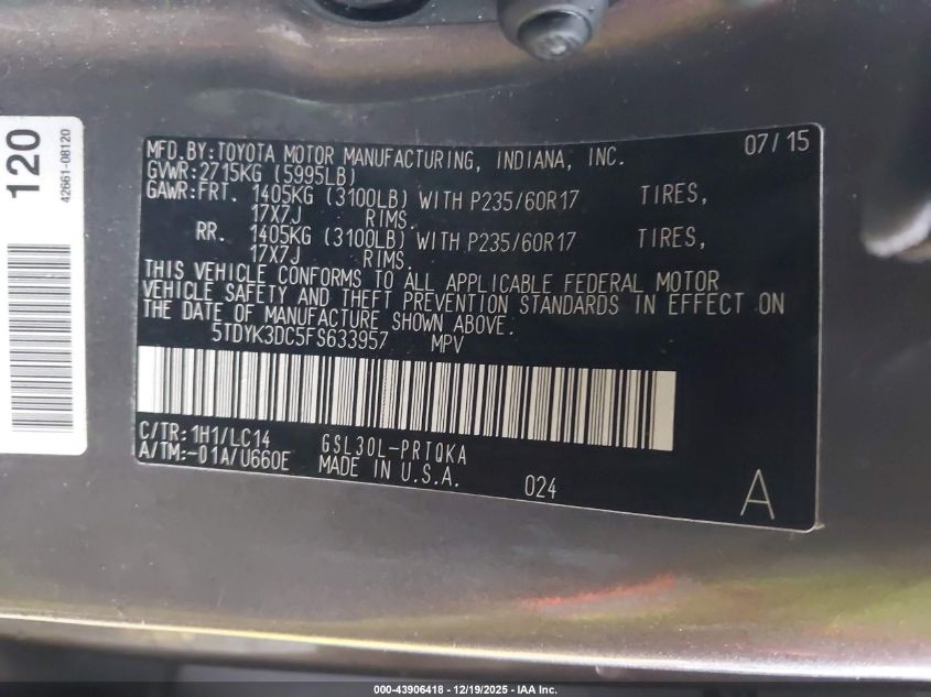 2015 Toyota Sienna Xle 8 Passenger VIN: 5TDYK3DC5FS633957 Lot: 43906418