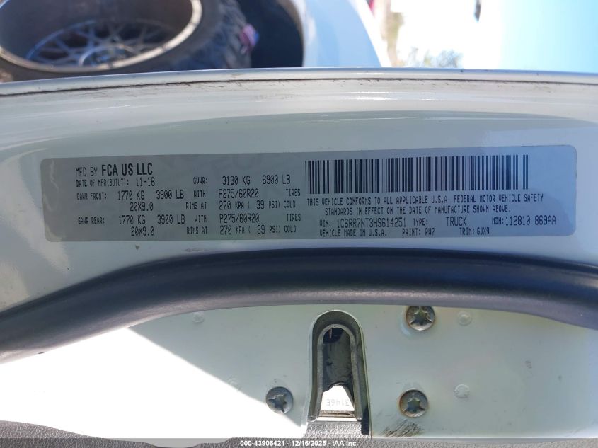 2017 Ram 1500 Laramie 4X4 5'7 Box VIN: 1C6RR7NT3HS614251 Lot: 43906421