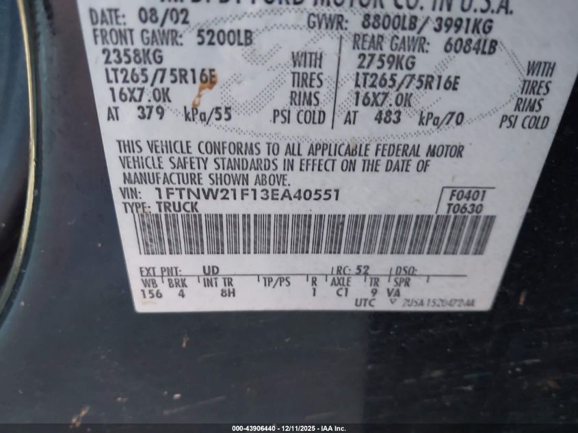 2003 Ford F-250 Lariat/Xl/Xlt VIN: 1FTNW21F13EA40551 Lot: 43906440