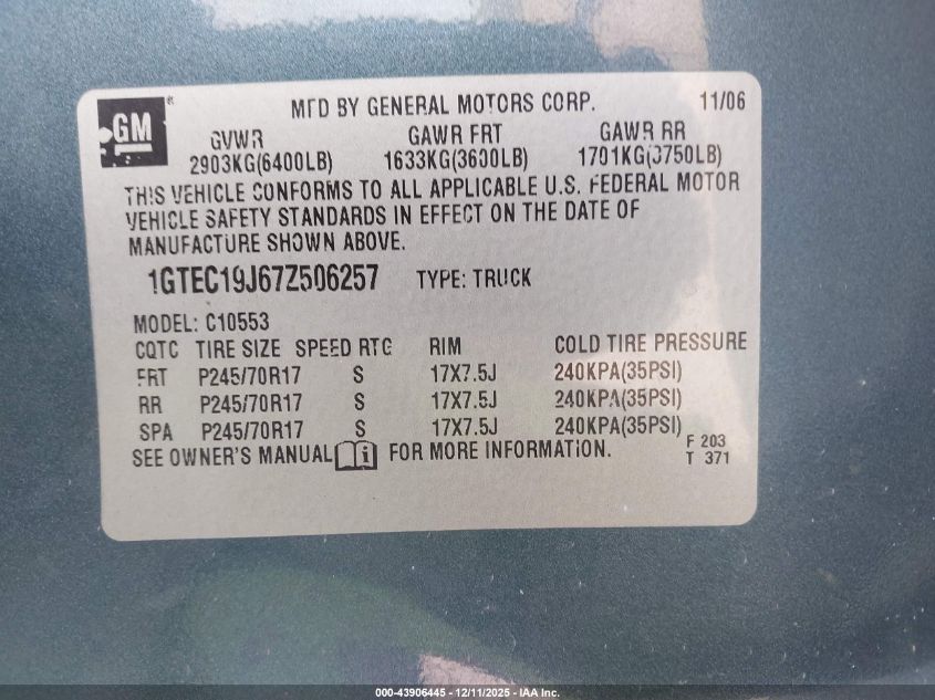 2007 GMC Sierra 1500 Sle1 VIN: 1GTEC19J67Z506257 Lot: 43906445