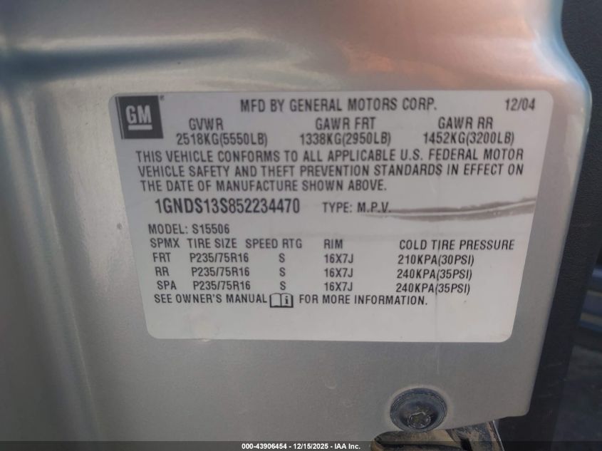 2005 Chevrolet Trailblazer Ls VIN: 1GNDS13S852234470 Lot: 43906454