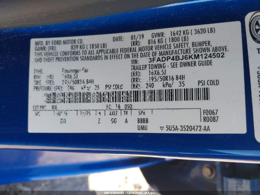 2019 Ford Fiesta Se VIN: 3FADP4BJ6KM124502 Lot: 43906455