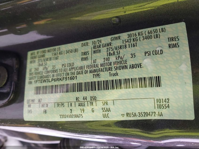 2024 Ford F-150 Xlt VIN: 1FTEW3LP6RKF51601 Lot: 43906461