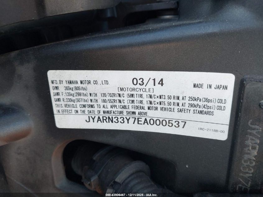 2014 Yamaha Fz09 C VIN: JYARN33Y7EA000537 Lot: 43906467