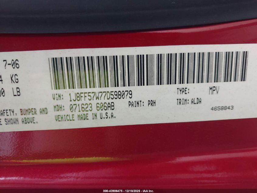 2007 Jeep Compass Limited VIN: 1J8FF57W77D598079 Lot: 43906475