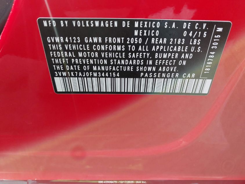 2015 Volkswagen Jetta 2.0L S VIN: 3VW1K7AJ0FM344154 Lot: 43906479