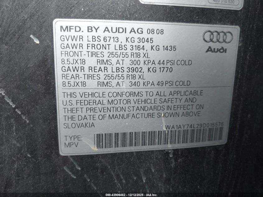 2009 Audi Q7 3.6 Premium VIN: WA1AY74L29D015576 Lot: 43906482