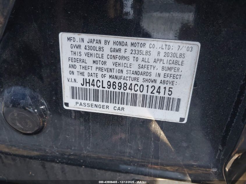 2004 Acura Tsx VIN: JH4CL96984C012415 Lot: 43906485