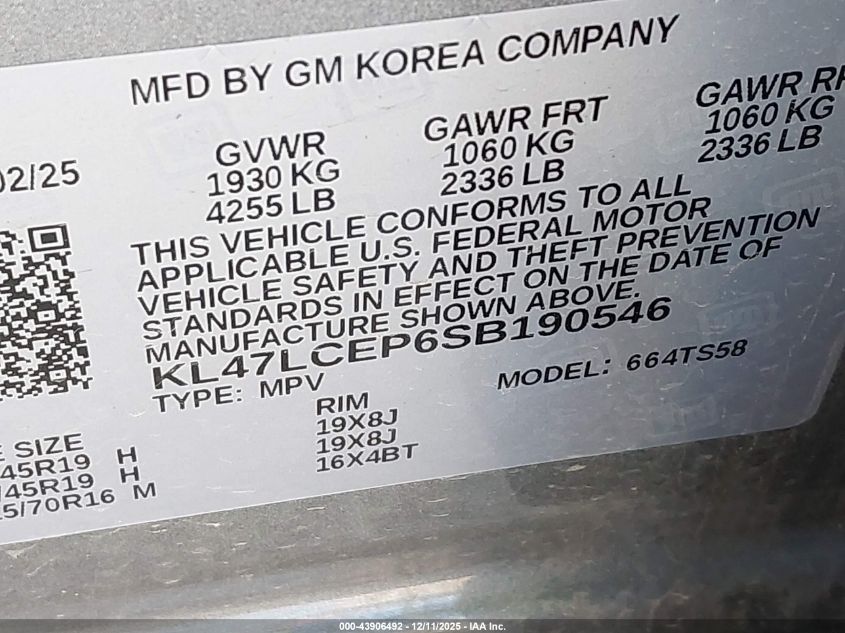 2025 Buick Envista Avenir Fwd VIN: KL47LCEP6SB190546 Lot: 43906492