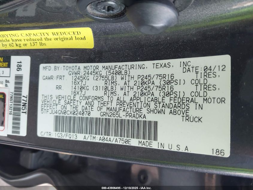 2012 Toyota Tacoma Prerunner V6 VIN: 5TFJU4GN0CX024070 Lot: 43906495