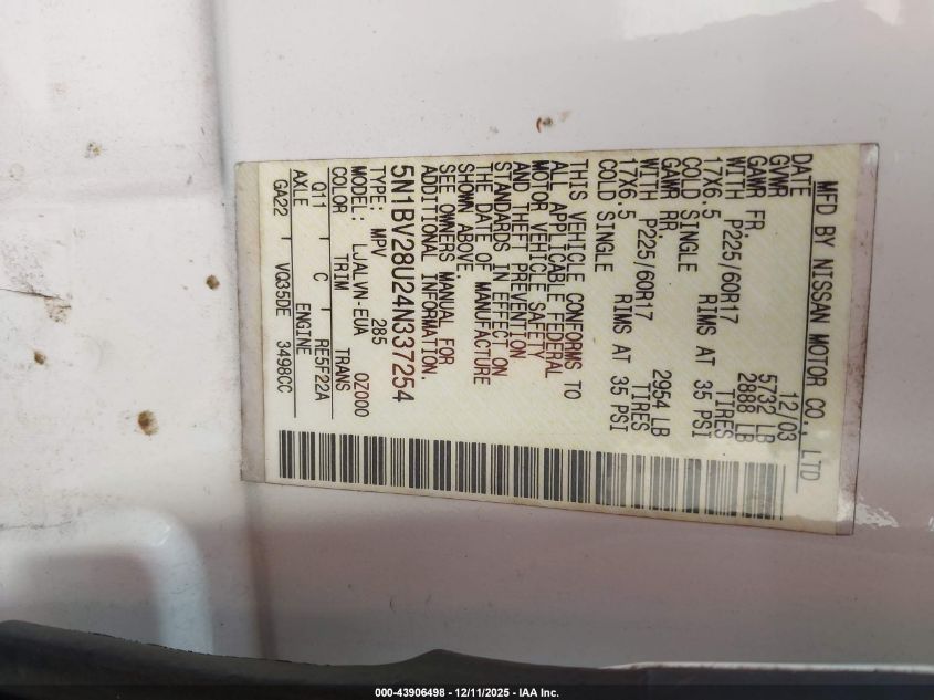 2004 Nissan Quest 3.5 Se VIN: 5N1BV28U24N337254 Lot: 43906498