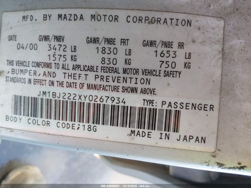 2000 Mazda Protege Dx/Lx VIN: JM1BJ222XY0267934 Lot: 43906502