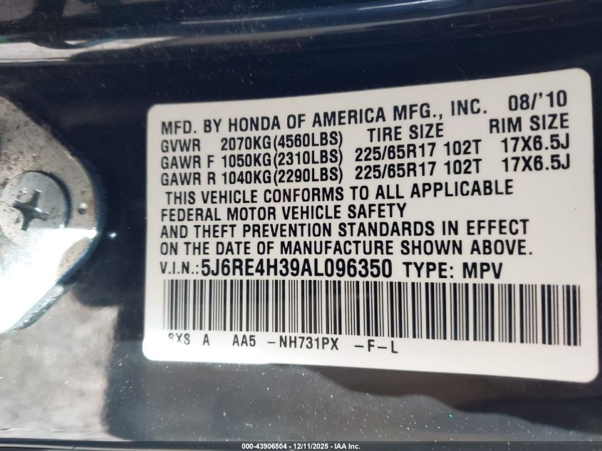 2010 Honda Cr-V Lx VIN: 5J6RE4H39AL096350 Lot: 43906504