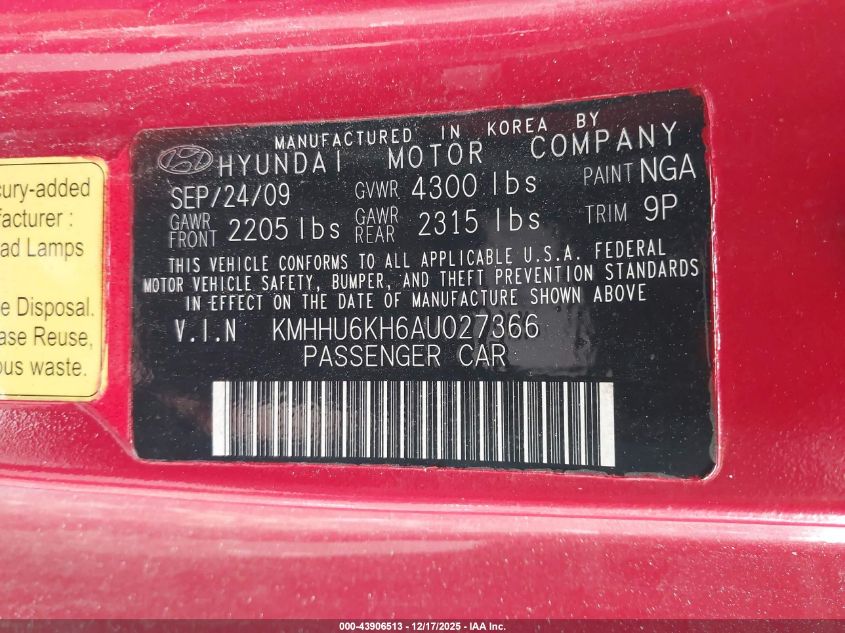 2010 Hyundai Genesis 3.8 Track VIN: KMHHU6KH6AU027366 Lot: 43906513