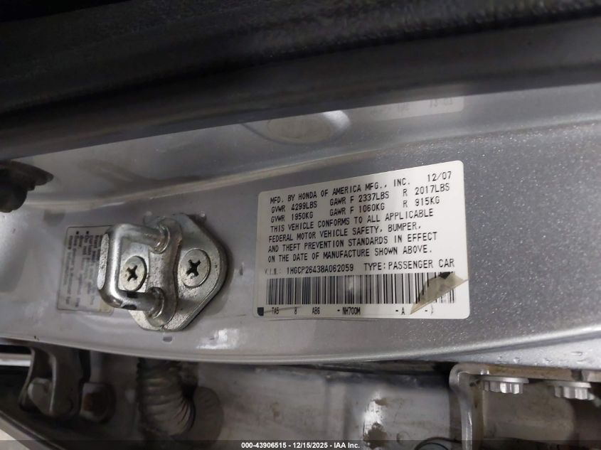 2008 Honda Accord 2.4 Lx-P VIN: 1HGCP26438A062059 Lot: 43906515