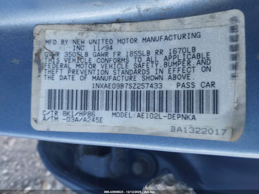 1995 Toyota Corolla Le/Dx VIN: 1NXAE09B7SZ257433 Lot: 43906523