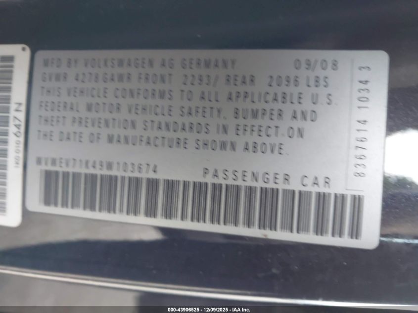2009 Volkswagen Gti 2-Door VIN: WVWEV71K49W103674 Lot: 43906525
