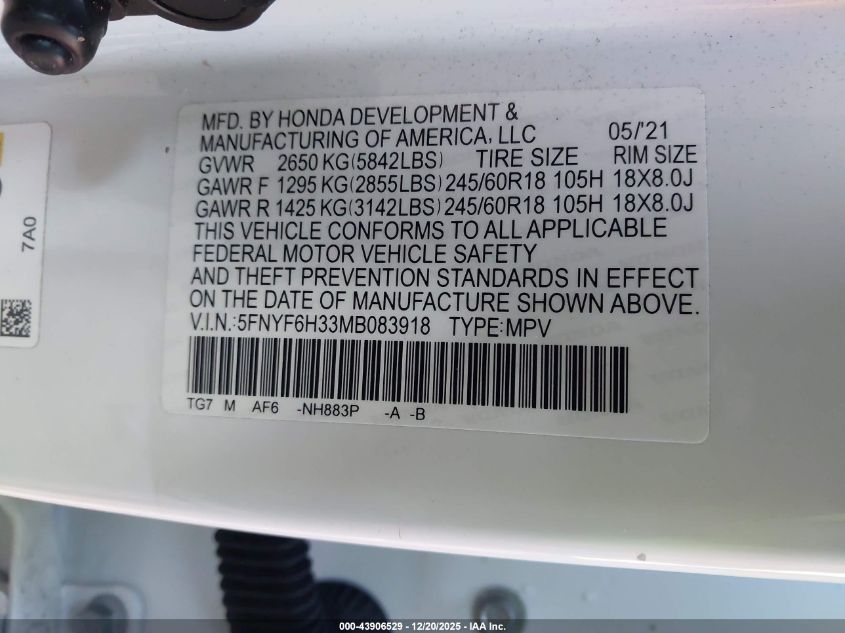 2021 Honda Pilot Awd Ex VIN: 5FNYF6H33MB083918 Lot: 43906529