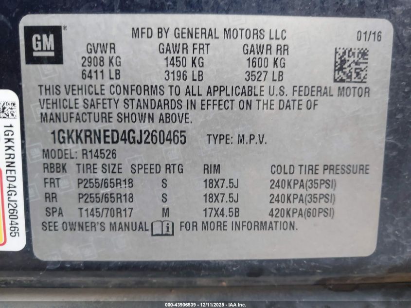 2016 GMC Acadia Sle-1 VIN: 1GKKRNED4GJ260465 Lot: 43906539