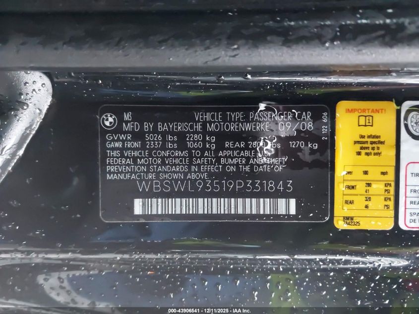 2009 BMW M3 VIN: WBSWL93519P331843 Lot: 43906541