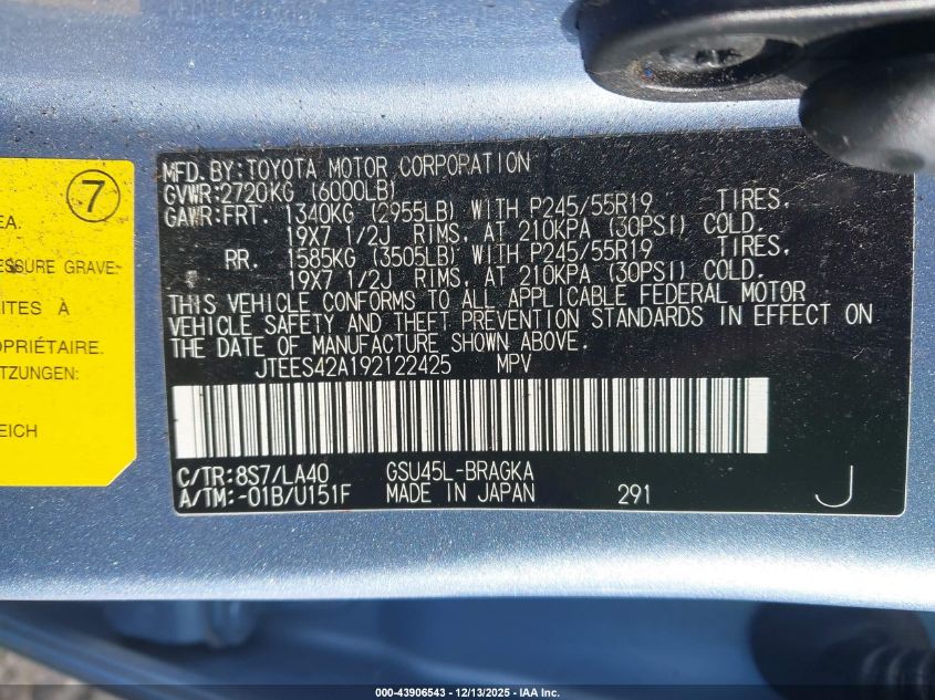 2009 Toyota Highlander Limited VIN: JTEES42A192122425 Lot: 43906543