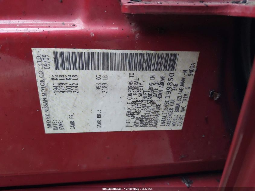 2009 Nissan Altima 2.5 S VIN: 1N4AL21E49C199850 Lot: 43906548