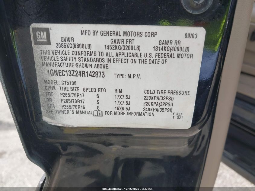 2004 Chevrolet Tahoe Lt VIN: 1GNEC13Z24R142873 Lot: 43906552