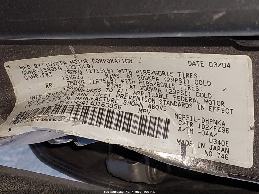 2004 Scion Xb VIN: JTLKT324140163056 Lot: 43906562