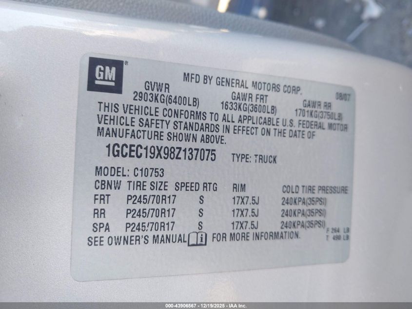 2008 Chevrolet Silverado 1500 Work Truck VIN: 1GCEC19X98Z137075 Lot: 43906567