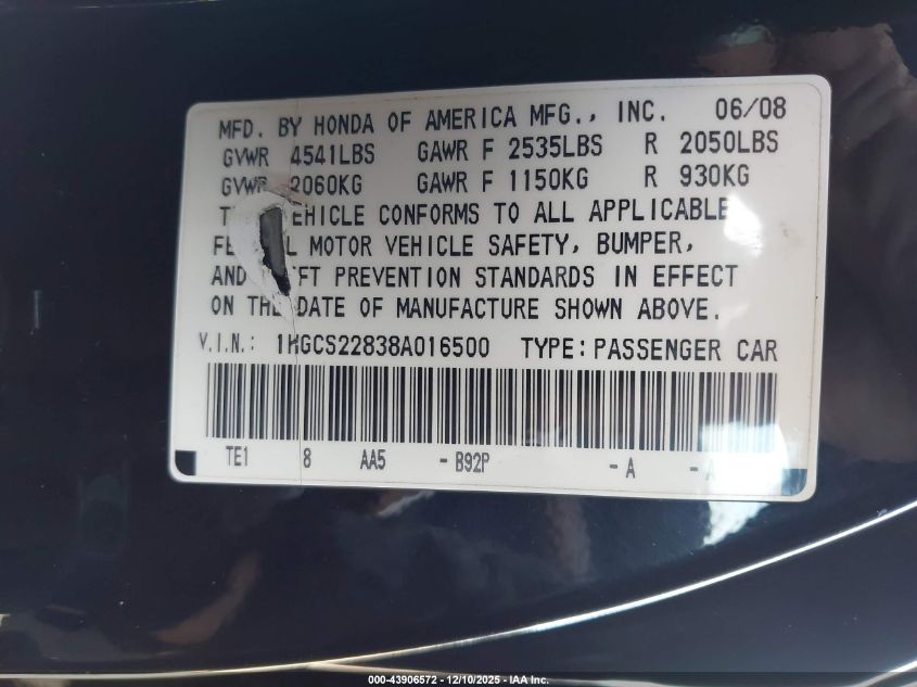 2008 Honda Accord 3.5 Ex-L VIN: 1HGCS22838A016500 Lot: 43906572