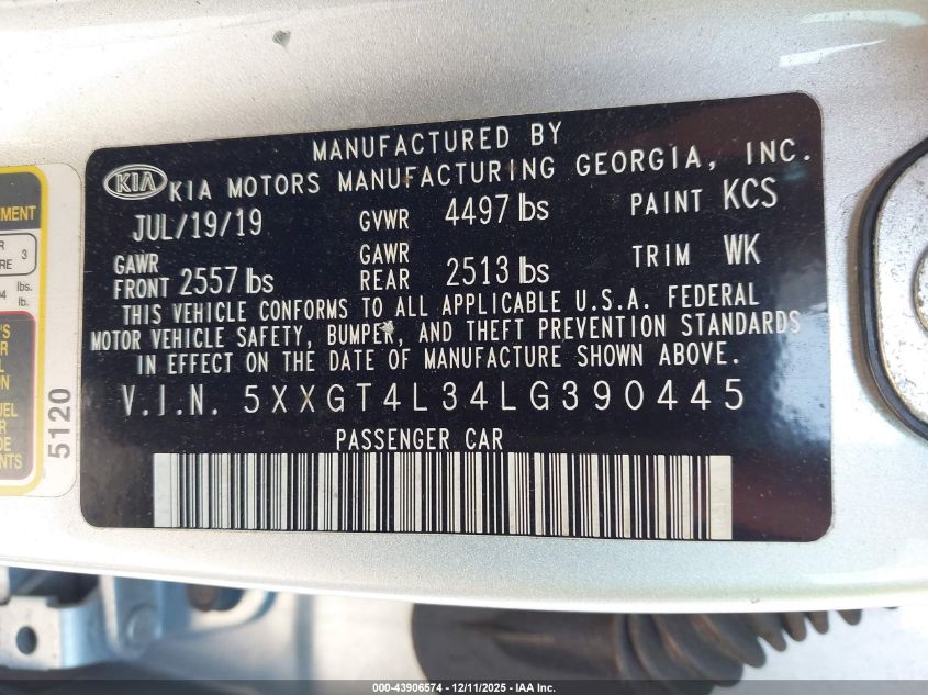 2020 Kia Optima Lx VIN: 5XXGT4L34LG390445 Lot: 43906574