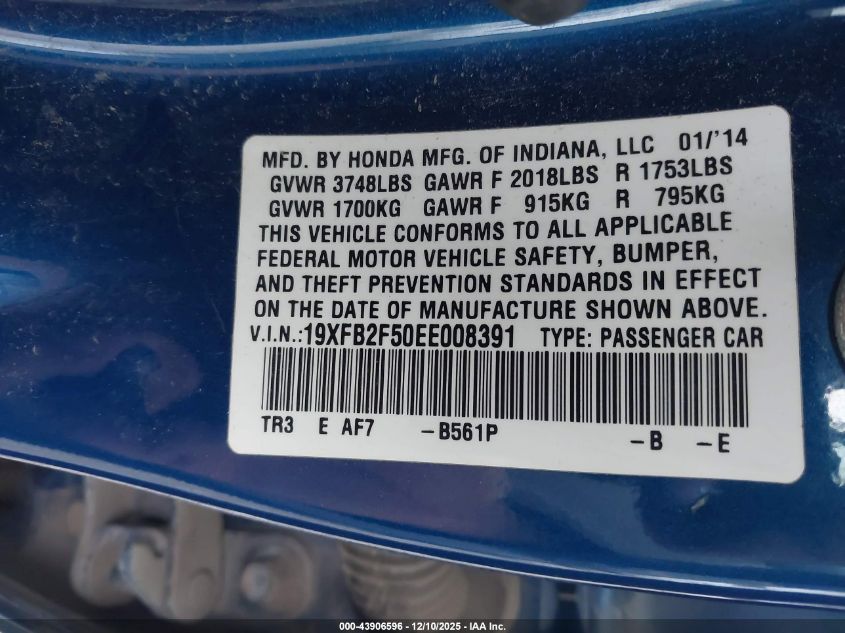 2014 Honda Civic Lx VIN: 19XFB2F50EE008391 Lot: 43906596